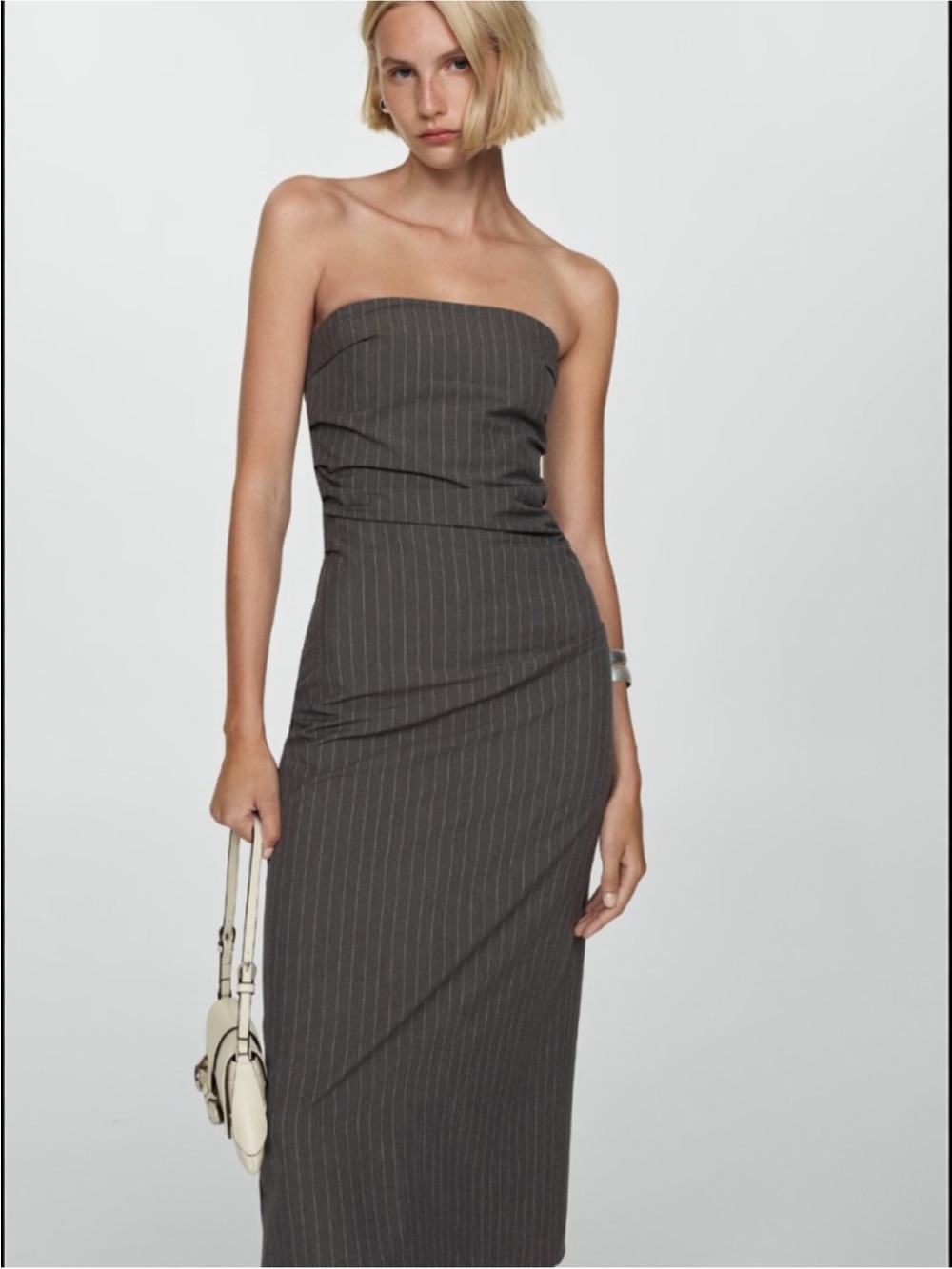Mango Strapless Pinstripe Midi Dress in Charcoal Gray